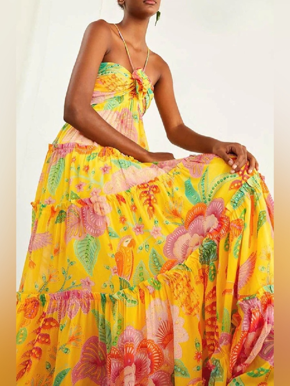 FARM Rio Yellow Floral Maxi Dress with Pink & Green Print - Picture 2 of 13